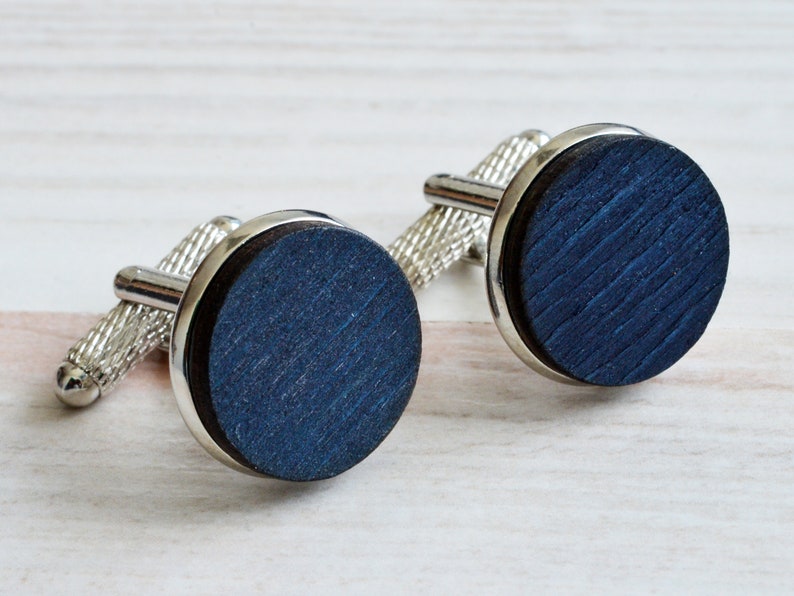Rustic Accessories Navy Wood Silver Cufflinks as Goomsmen Proposal in Custom Box Wooden Cufflinks as Groom Rustic Wedding Gift from Bride