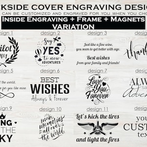 May include: Twelve different designs for engraving on a wooden box. The designs include phrases like "Pilot No. 1", "Say Yes to New Adventures", "Best Wishes", "Love You Forever", "Always Adventure", and "King of the Sky".