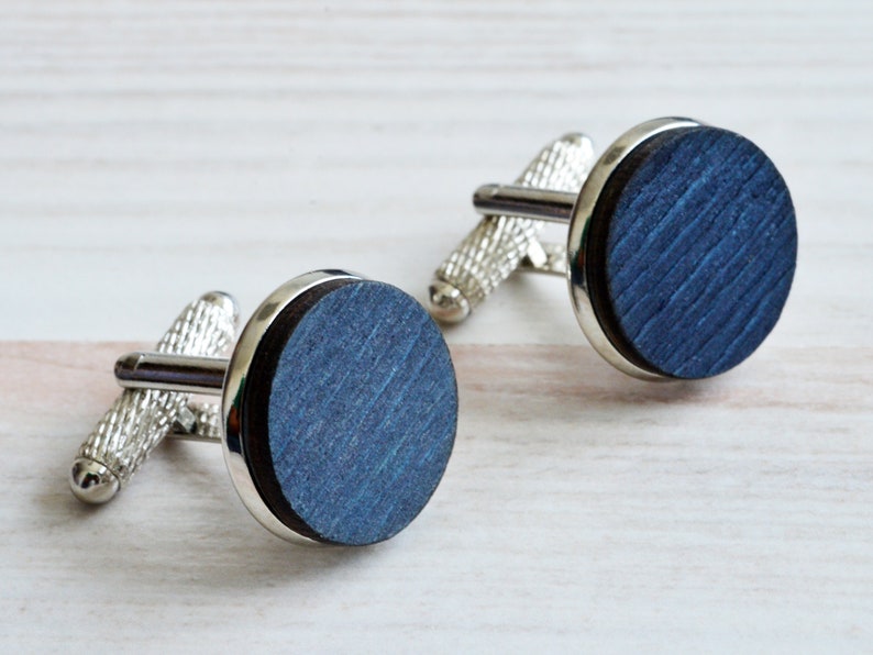 Rustic Accessories Navy Wood Silver Cufflinks as Goomsmen Proposal in Custom Box Wooden Cufflinks as Groom Rustic Wedding Gift from Bride