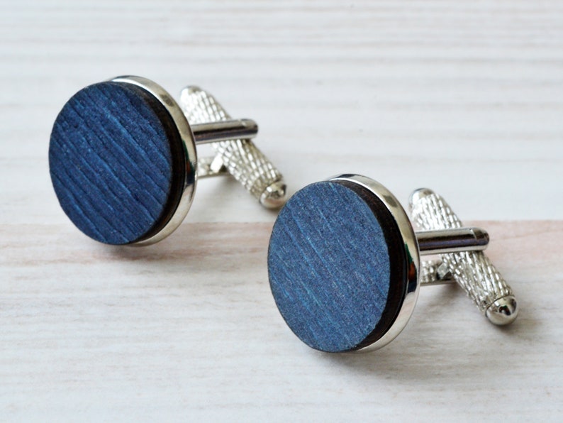 Rustic Accessories Navy Wood Silver Cufflinks as Goomsmen Proposal in Custom Box Wooden Cufflinks as Groom Rustic Wedding Gift from Bride