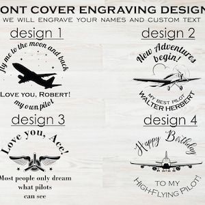 May include: Four different designs for a personalized engraved airplane themed gift. The designs feature airplanes, stars, and text such as "Love you, Ace!" and "Happy Birthday to my High-Flying Pilot!"