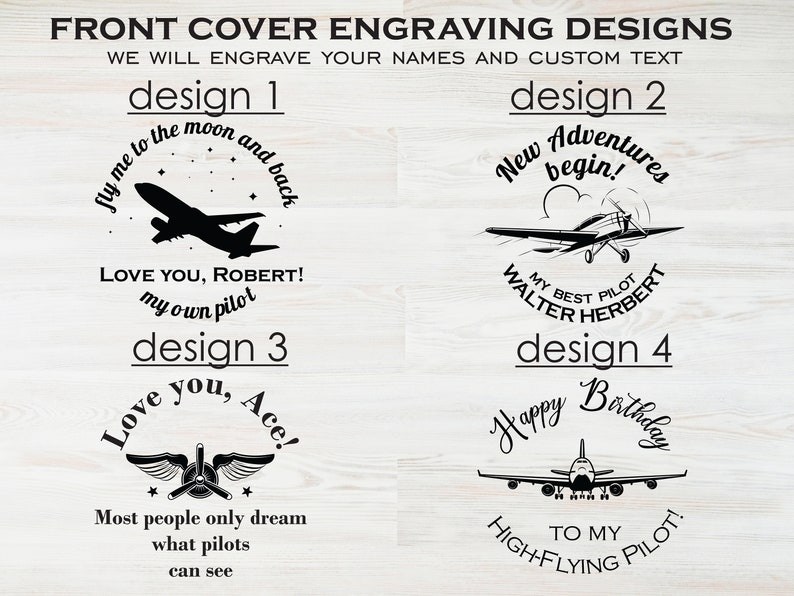 May include: Four different designs for a personalized engraved airplane themed gift. The designs feature airplanes, stars, and text such as "Love you, Ace!" and "Happy Birthday to my High-Flying Pilot!"
