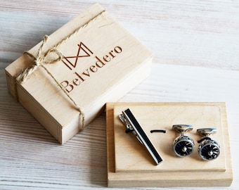 Airplane Cufflinks Tie Clip Set: Aviation Pilot Gift in Personalized Wooden Box