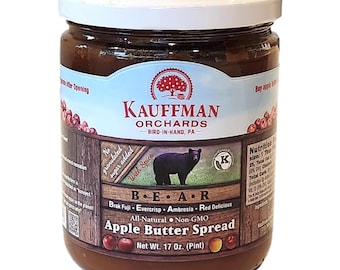 Kauffman Orchards "BEAR" Apple Butter Spread, No Sugar Added, Made with Brak Fuji, Evercrisp, Ambrosia, and Red Delicious Apples, 17 Oz. Jar
