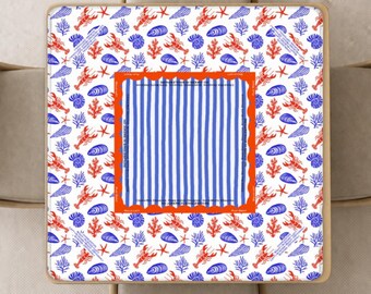 Nautical Mahjong Mat with Instructions (Rules), Lobster and Seashell Mahjong playing pad in blue, red, and white with Bag