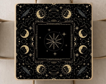Black Mahjong Mat with Sun Stars and Moon, Celestial Night Sky Mahjong playing pad with Bag