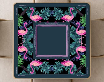 Flamingo Mahjong Mat with Instructions (Rules) printed, Pink Green Mahjong playing pad with Bag