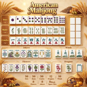May include: An American Mahjong set display featuring rows of tiles labeled Dots, Bams, Cracks, Jokers, Winds, Flowers, and Dragons. The tiles include numerical, botanical, and symbolic illustrations, with a section for blank spare tiles included.