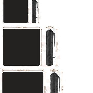 May include: Black rectangular mat with size information. The mat is shown in three sizes: 20.9 inches by 20.9 inches, 31.5 inches by 31.5 inches, and 33.0 inches by 33.0 inches. Each mat is shown with its carrying case.