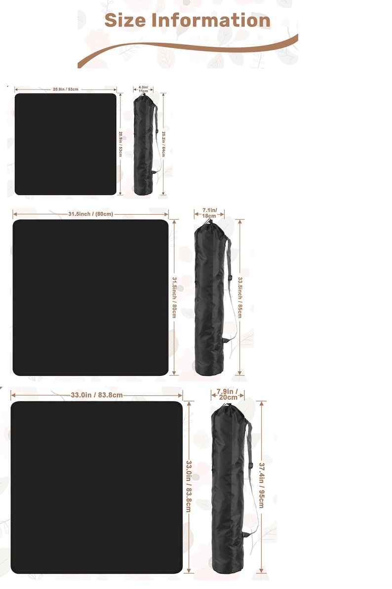 May include: Black rectangular mat with size information. The mat is shown in three sizes: 20.9 inches by 20.9 inches, 31.5 inches by 31.5 inches, and 33.0 inches by 33.0 inches. Each mat is shown with its carrying case.