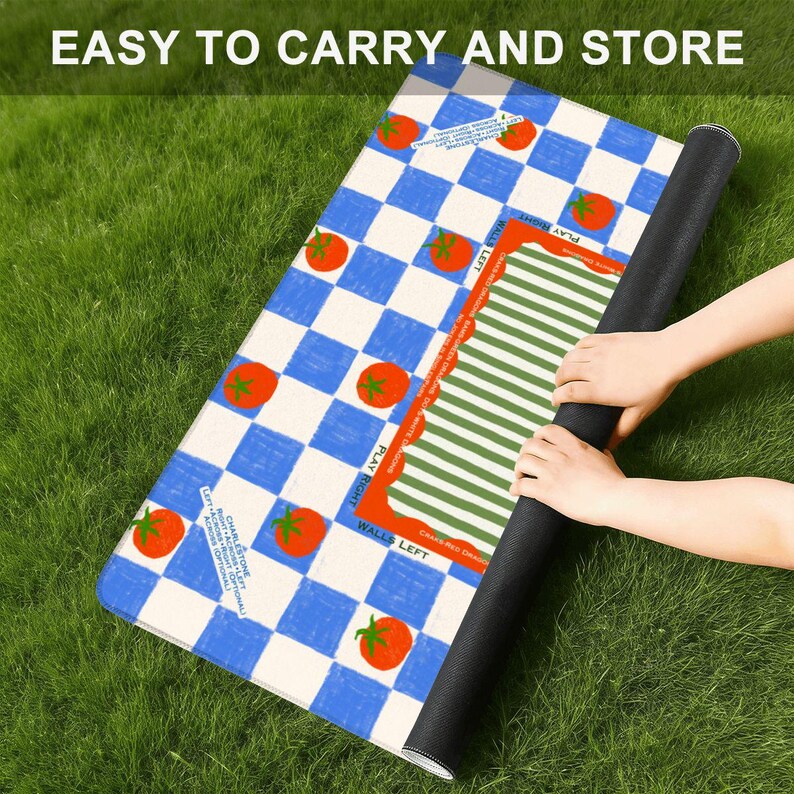 May include: A rolled-up mat with a blue and white checkered pattern and red tomato illustrations. The mat also features a green and white striped section and the text "EASY TO CARRY AND STORE".