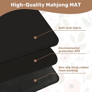 May include: A black Mahjong mat with three layers: soft tech fabric, environmental protection XPE, and non-slip thick rubber foam backing. The text "High-Quality Mahjong MAT" is at the top.