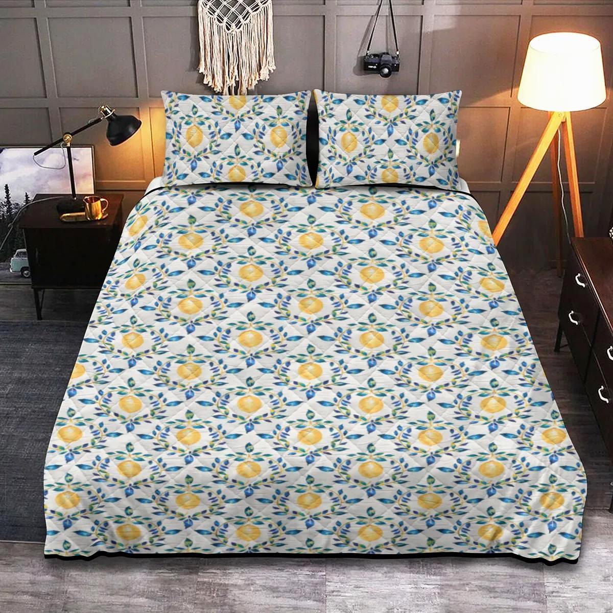 Blue and Yellow Lemon Quilted Bedding Set - Quilted Blanket Two Pillow  Cases, Blue Leaves and Lemon Bedding Set, Trendy Lemon Bed Cover - Etsy, image size:1200x1200