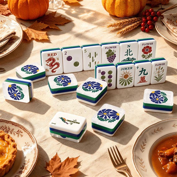 Earthy Botanical Mahjong Tiles in Blue and Green, American Mahjong Accessories