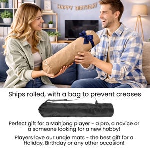 May include: A couple exchanging a gift. The gift is a rolled-up item wrapped in brown paper and tied with a blue ribbon. A black carrying bag is also shown. The text says "HAPPY BIRTHDAY".