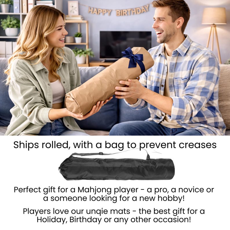 May include: A couple exchanging a gift. The gift is a rolled-up item wrapped in brown paper and tied with a blue ribbon. A black carrying bag is also shown. The text says "HAPPY BIRTHDAY".