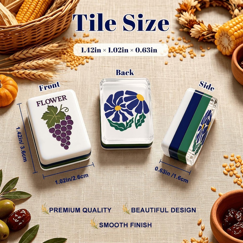 May include: Three rectangular tiles measuring 1.42 inches by 1.02 inches by 0.63 inches. One tile shows a purple grape cluster with the text FLOWER, one shows a blue flower, and one shows a side view with blue and green stripes.