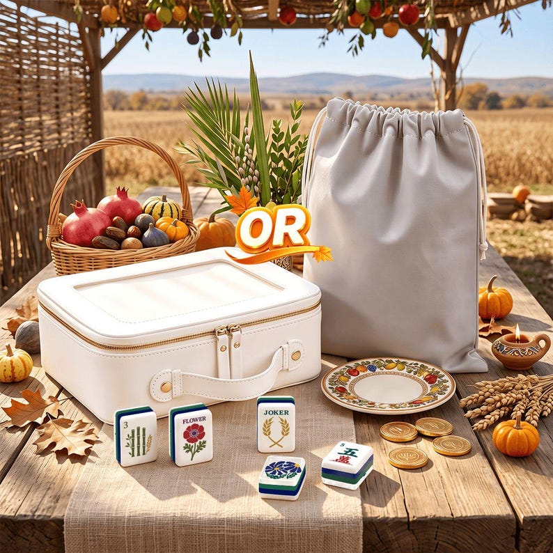 May include: A white rectangular carrying case with a handle and zipper, a matching drawstring bag, and several Mahjong tiles featuring floral and numerical designs. The set includes a small decorative plate and gold-colored circular tokens.