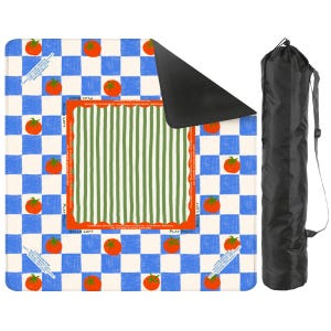 May include: A picnic blanket with a blue and white checkered pattern, orange tomatoes, and a green and white striped center. Includes a black carrying bag with a shoulder strap. The blanket has text that reads "Walls Left" and "Play Right."