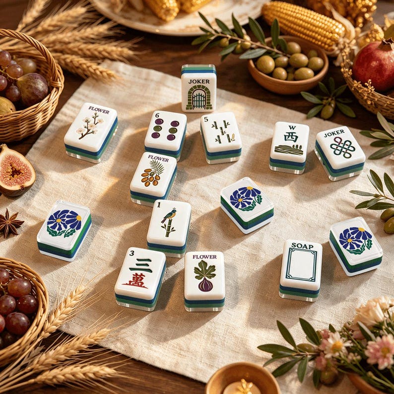 May include: A collection of rectangular Mahjong tiles featuring various illustrations including flowers, fruits, numbers, and text such as Joker, Flower, and Soap. The tiles have white faces with colorful designs and layered green and blue bases.