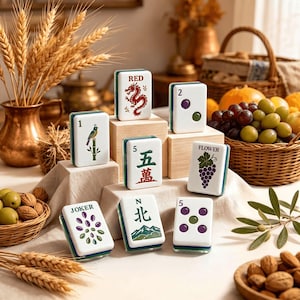 May include: A collection of white rectangular mahjong tiles featuring various colorful illustrations and text including a red dragon, a bird on bamboo, the word JOKER, the word FLOWER with grapes, the number 5 in Chinese characters, and the letter N.