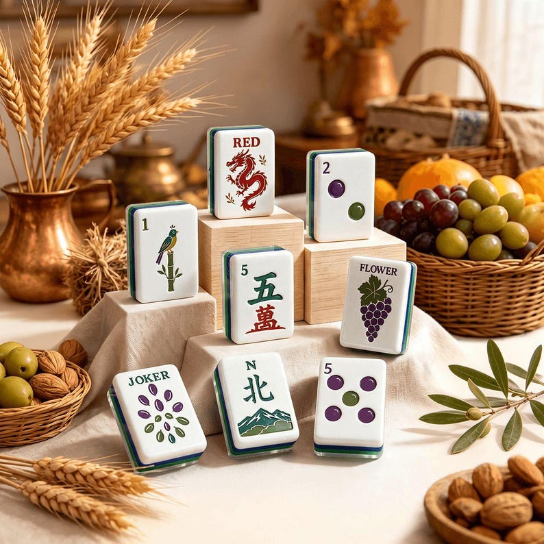 May include: A collection of white rectangular mahjong tiles featuring various colorful illustrations and text including a red dragon, a bird on bamboo, the word JOKER, the word FLOWER with grapes, the number 5 in Chinese characters, and the letter N.