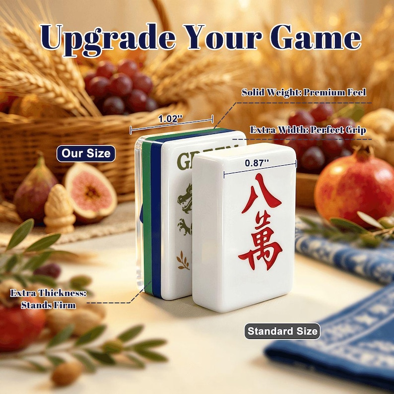 May include: Two white mahjong tiles are displayed side-by-side. The larger tile on the left measures 1.02 inches in width and features green text and graphics. The smaller tile on the right measures 0.87 inches and features red Chinese characters.