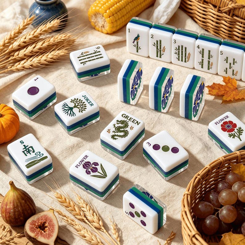 May include: A collection of white Mahjong tiles featuring various colorful illustrations including bamboo stalks, flowers, a green dragon, and the word JOKER. The tiles have blue and green layered bases and are arranged on a textured fabric surface.
