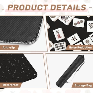 May include: Product details image. Features include anti-slip, noise reduction, and waterproof properties. The image also shows a storage bag. The product is designed for games.