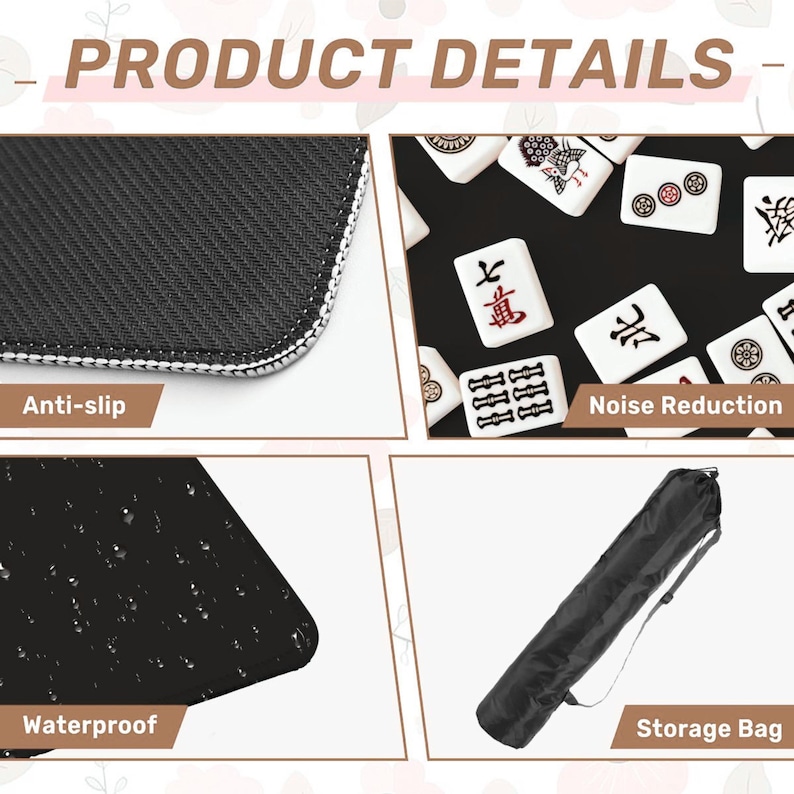 May include: Product details image. Features include anti-slip, noise reduction, and waterproof properties. The image also shows a storage bag. The product is designed for games.