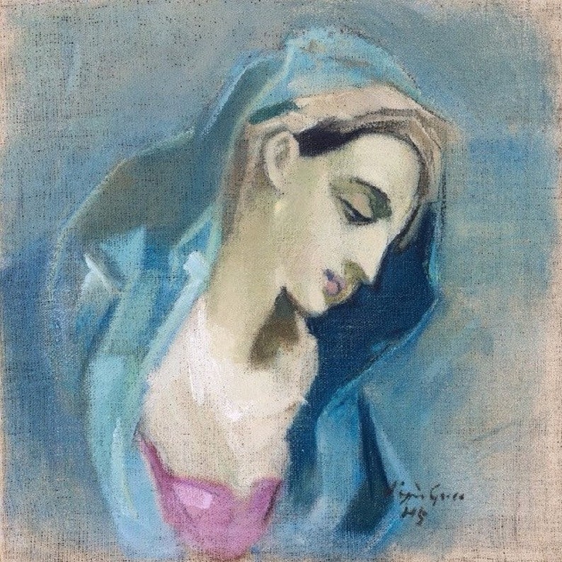 beaded embroidery Blue Madonna portrait Embroidered brooch original artwork saint portrait brooch beads Helene Schjerfbeck
