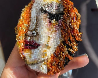 Beaded brooch based on the famous painting "Golden Tears" Handmade brooch beaded portrait. Great gift for a friend