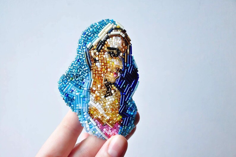 beaded embroidery Blue Madonna portrait Embroidered brooch original artwork saint portrait brooch beads Helene Schjerfbeck
