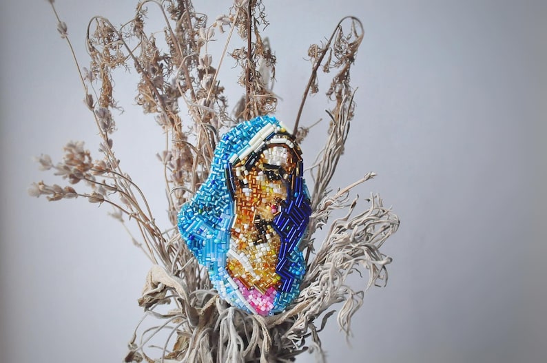 beaded embroidery Blue Madonna portrait Embroidered brooch original artwork saint portrait brooch beads Helene Schjerfbeck