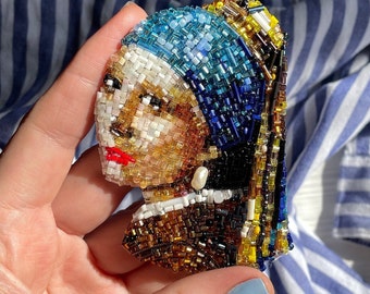 Handmade beaded brooch Famous painting Portrait made of beads Gift idea for unusual lovers