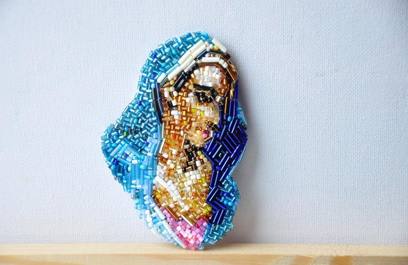 beaded embroidery Blue Madonna portrait Embroidered brooch original artwork saint portrait brooch beads Helene Schjerfbeck