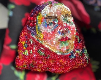 Embroidered brooch with beads based on the famous painting "Mother" Handmade brooch Artistic with embroidery beads Gift for Her