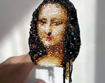 Embroidered Portrait Beaded Brooch Famous Painting Jewelry Original Artwork Handmade Brooch Embroidered Portrait Gift Idea