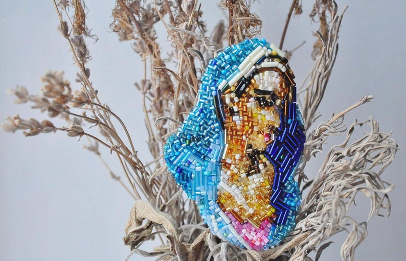 beaded embroidery Blue Madonna portrait Embroidered brooch original artwork saint portrait brooch beads Helene Schjerfbeck