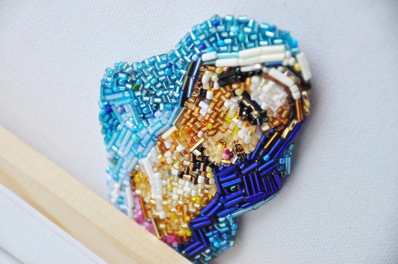 beaded embroidery Blue Madonna portrait Embroidered brooch original artwork saint portrait brooch beads Helene Schjerfbeck