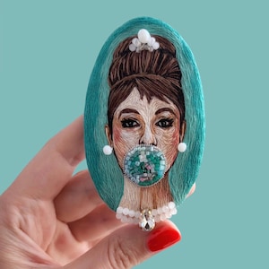 Inspired Woman Brooch, Hand Embroidered Beaded Pin, Portrait Jewelry, Handmade Textile Art Accessory movie lover gift
