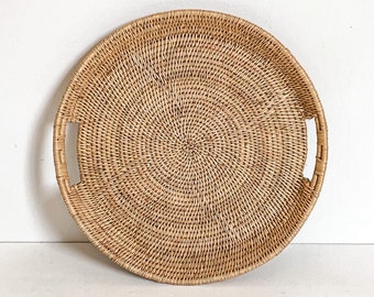 Decorative round basket tray, coffee table tray, serving tray