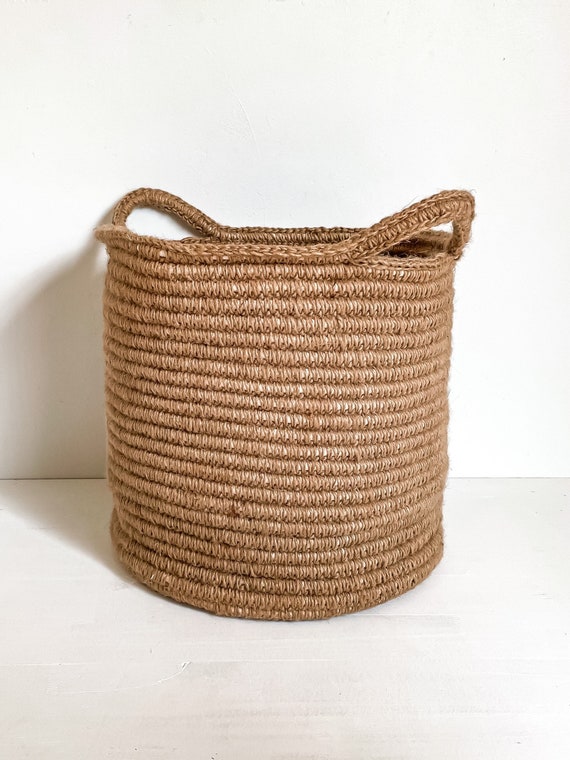 Round Natural Woven Jute Storage Basket Laundry Basket Etsy