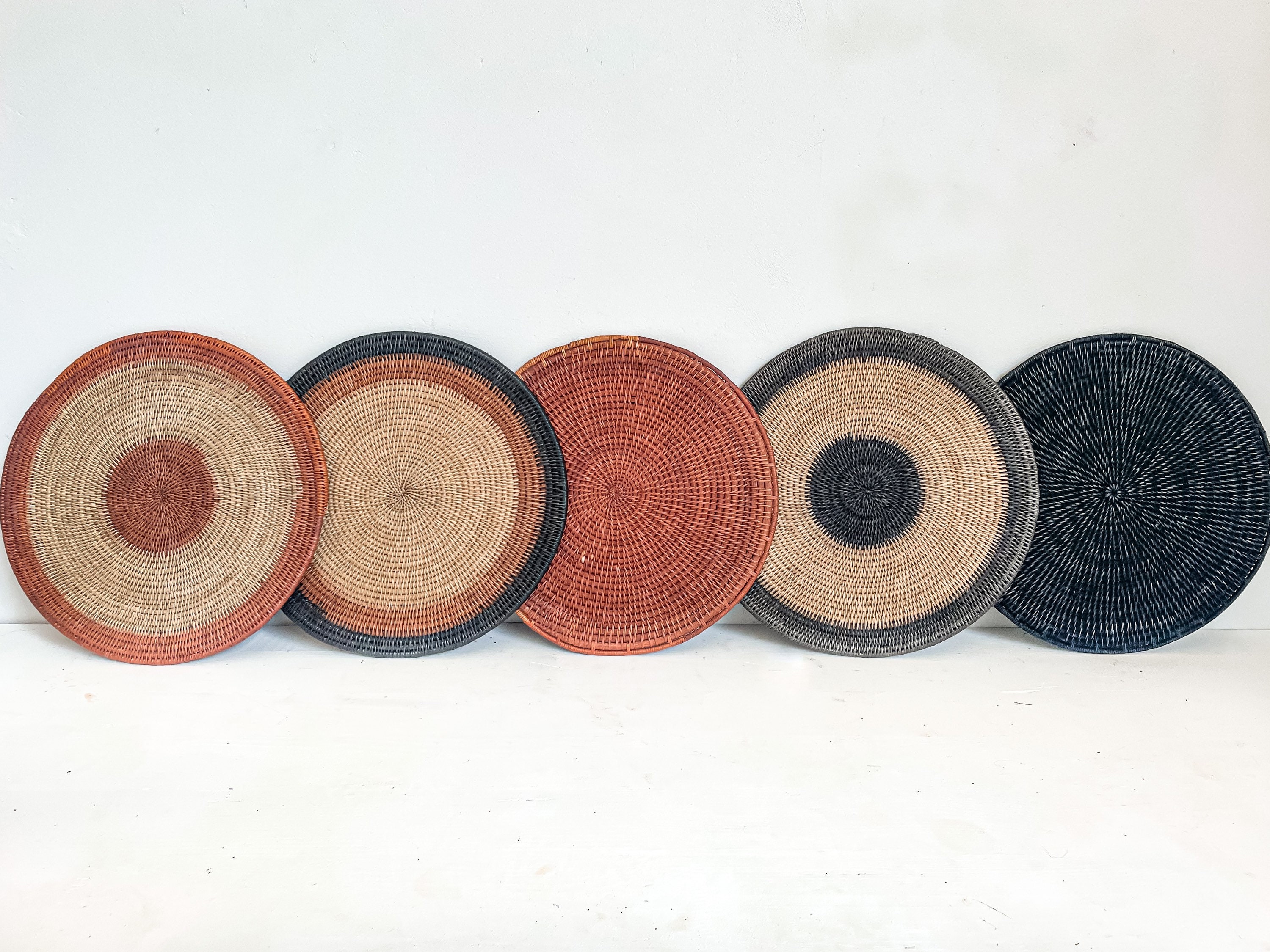 Woven round wall placemats set of 5 black tan and natural Etsy