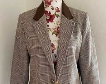 Vintage tweed jacket from the 1980s, plaid wool tweed blazer jacket, Size L