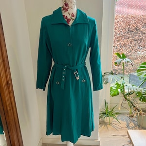 Vintage 1970s wool dress, green 70s midi dress, winter wool dress, green secretary dress, Size XL