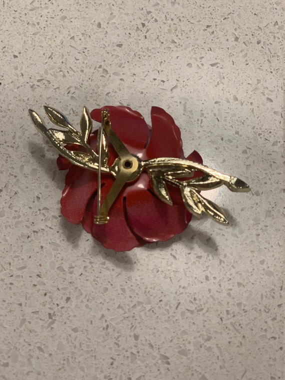 Rose brooch, vintage costume jewelry, red rose pi… - image 3