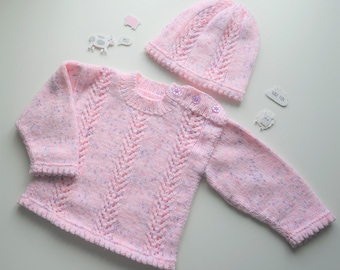 Hand knitted girls jumper and beanie set