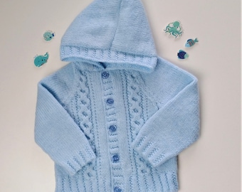 Hand knitted boys cardigan with hood