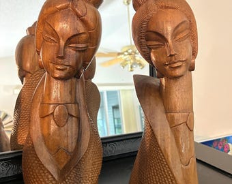 Vintage Mid-Century Modern Hand-Carved Wood Bust Sculptures – Pair